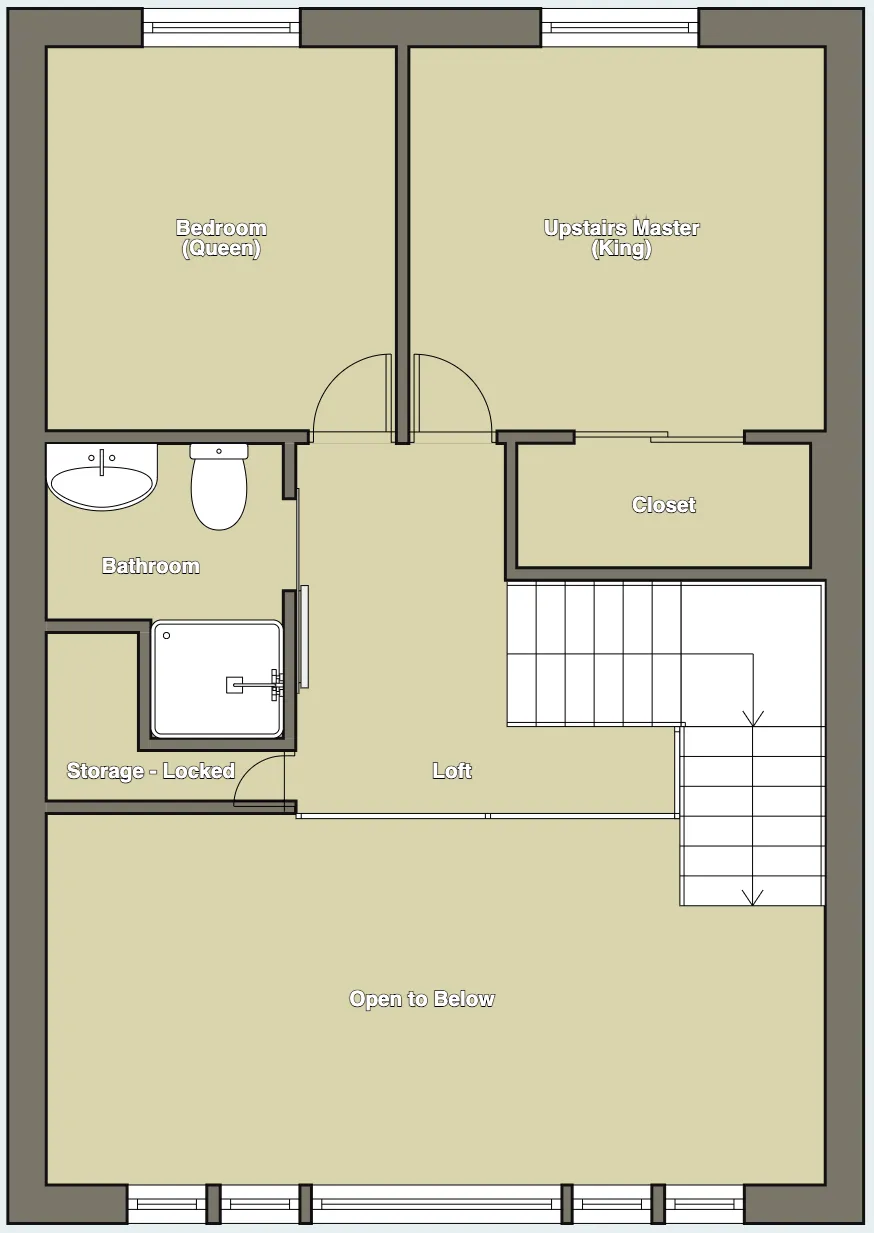 Second floor plan of The Cascade Chalet showing the upstairs primary king bedroom, queen bedroom, full bathroom, loft and open-to-below great room