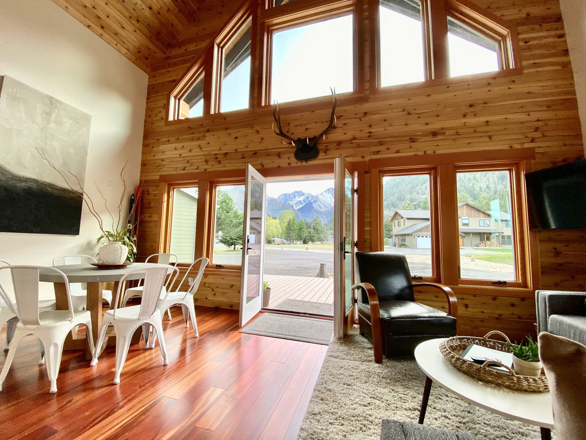 Great room at The Cascade Chalet with vaulted cedar ceiling and mountain views